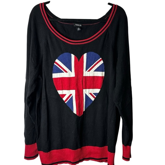 Torrid Union Jack Heart Sweater Black Red‎ White Blue Womens Plus 3X Flag Cotton - Picture 2 of 10